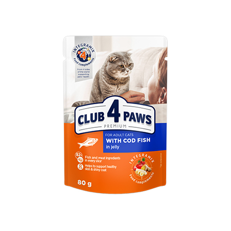 CLUB 4 PAWS PREMIUM. HRANA UMEDA COMPLETA CONSERVATA PENTRU PISICI ADULTE- PESTE COD IN JELEU