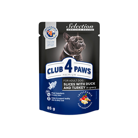 CLUB 4 PAWS PREMIUM PLUS " BUCĂȚI DE CARNE DE RAŢĂ ȘI CURCAN ÎN SOS". HRANĂ CONSERVATĂ COMPLETĂ PENTRU CAINI ADULȚI DE TALIE MICA