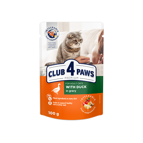 CLUB 4 PAWS PREMIUM "CU CARNE DE RAŢĂ ÎN SOS". HRANĂ CONSERVATĂ COMPLETĂ PENTRU PISICI ADULTE