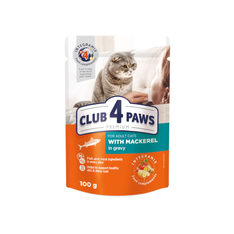 CLUB 4 PAWS PREMIUM "CU MACROU ÎN SOS". HRANĂ UMEDĂ COMPLETĂ PENTRU PISICI ADULTE