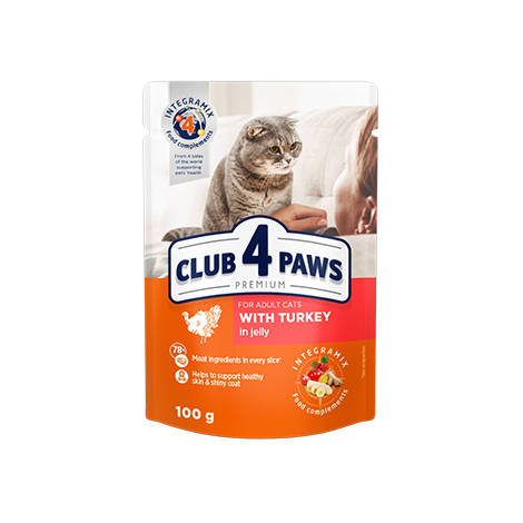 CLUB 4 PAWS PREMIUM HRANA UMEDA COMPLETA PENTRU PISICI -CURCAN IN JELEU