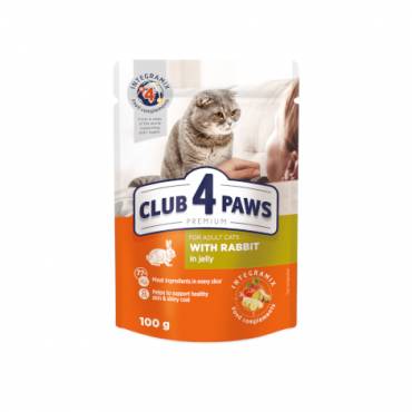 CLUB 4 PAWS PREMIUM "CU CARNE DE IEPURE ÎN JELEU". HRANĂ UMEDĂ COMPLETĂ PENTRU PISICI ADULTE