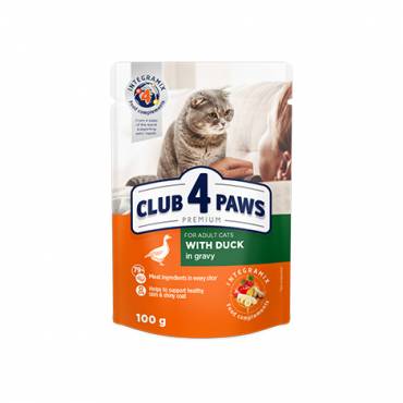 CLUB 4 PAWS PREMIUM "CU CARNE DE RAŢĂ ÎN SOS". HRANĂ CONSERVATĂ COMPLETĂ PENTRU PISICI ADULTE