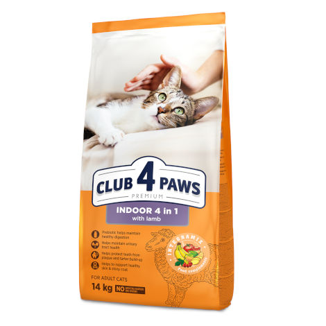 CLUB 4 PAWS PREMIUM PENTRU PISICILE CARE LOCUIESC ÎN ÎNCĂPERE «4 ÎN 1». HRANĂ USCATĂ COMPLET PENTRU PISICILE ADULTE CU MIEL