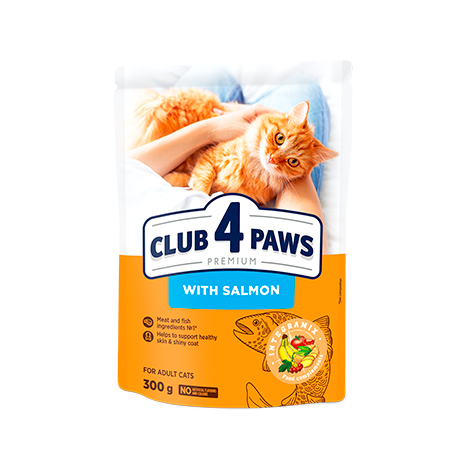 CLUB 4 PAWS PREMIUM "CU SOMON". HRANĂ USCATĂ COMPLETĂ PENTRU PISICILE ADULTE