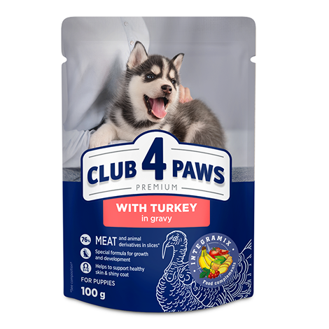 CLUB 4 PAWS PREMIUM PENTRU CĂȚEI "CURCAN ÎN SOS". HRANĂ CONSERVATĂ COMPLETĂ