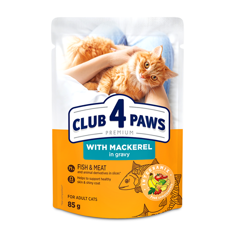 CLUB 4 PAWS PREMIUM "CU MACROU ÎN SOS". HRANĂ UMEDĂ COMPLETĂ PENTRU PISICI ADULTE