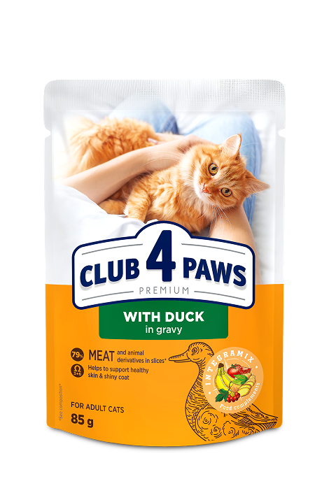 CLUB 4 PAWS PREMIUM "CU CARNE DE RAŢĂ ÎN SOS". HRANĂ CONSERVATĂ COMPLETĂ PENTRU PISICI ADULTE