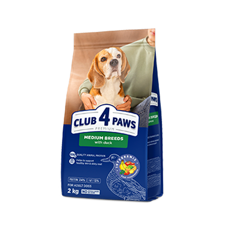 CLUB 4 PAWS PREMIUM PENTRU DE MĂRIME MIJLOCIE «CU CARNE DE RAŢĂ». HRANĂ USCATĂ COMPLET PENTRU C INI ADULȚI