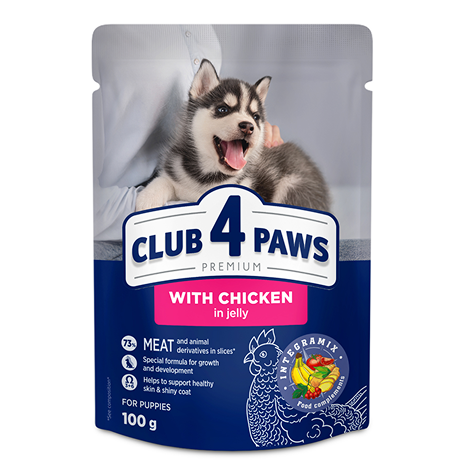 CLUB 4 PAWS PREMIUM PENTRU CĂȚELUȘI "CU PUI ÎN JELEU". HRANĂ UMEDĂ COMPLETĂ