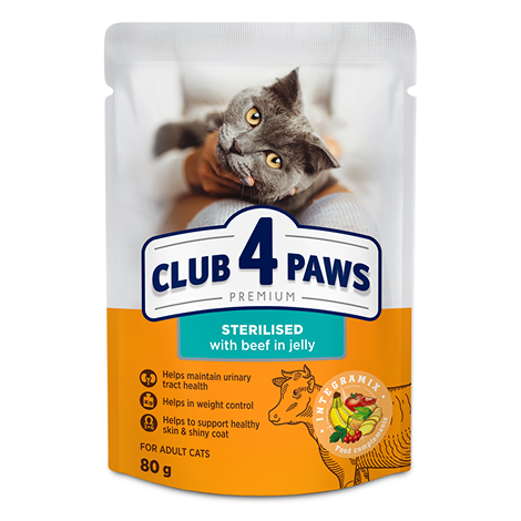 CLUB 4 PAWS PREMIUM "CU CARNE DE VITĂ ÎN JELEU". HRANĂ CONSERVATĂ COMPLETĂ PENTRU PISICI ADULTE STERILIZATE