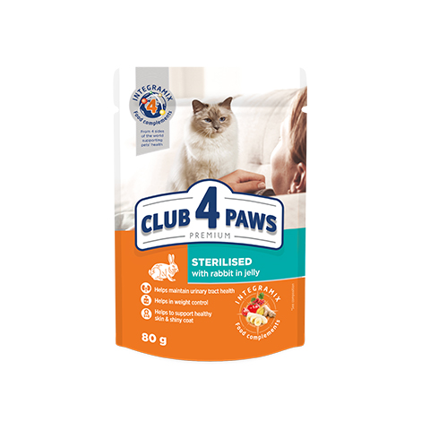 CLUB 4 PAWS PREMIUM "STERILIZAT". HRANĂ CONSERVATĂ COMPLETĂ PENTRU PISICI ADULTE STERILIZATE. 