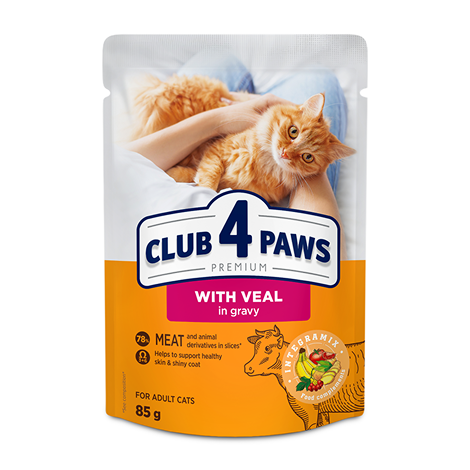 CLUB 4 PAWS PREMIUM "CU CARNE DE VIŢEL ÎN SOS". HRANĂ UMEDĂ COMPLETĂ PENTRU PISICI ADULTE