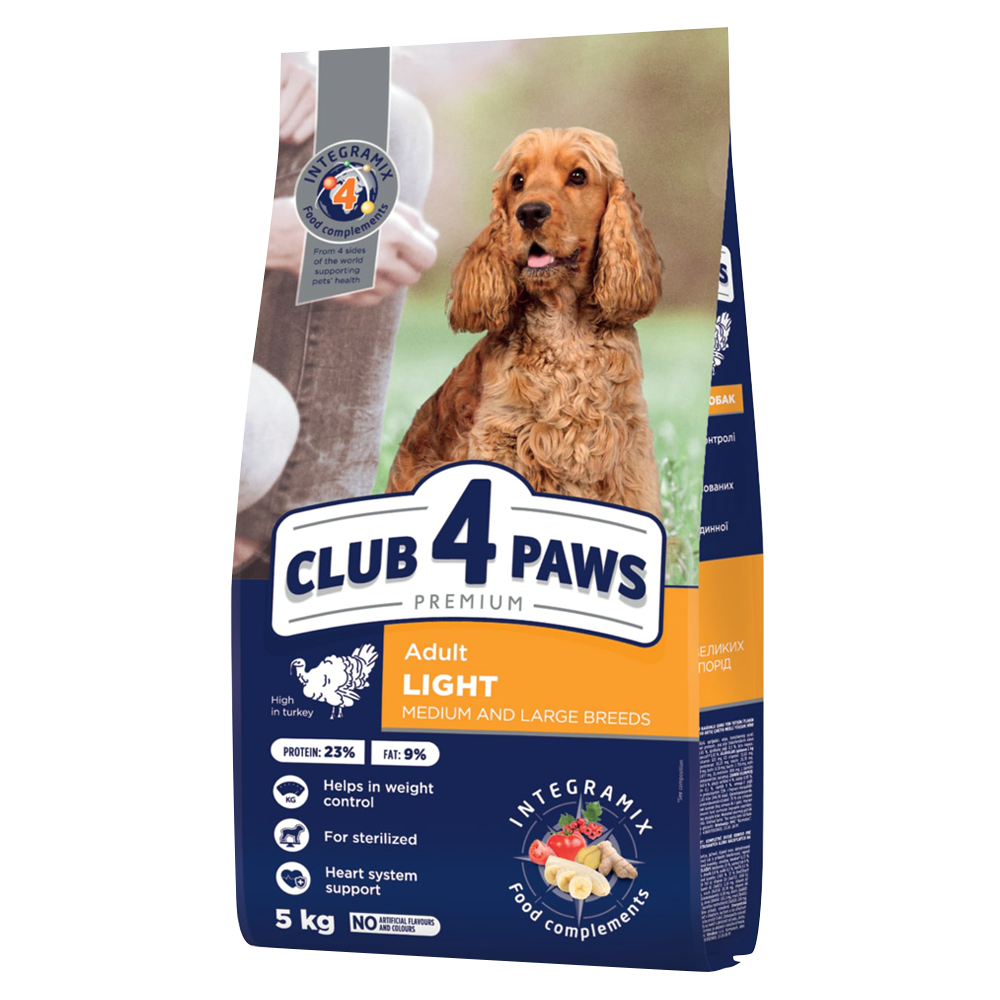 CLUB 4 PAWS PREMIUM LIGHT. HRANĂ COMPLETĂ USCATĂ "CONTROLUL GREUTĂȚII" PENTRU C INII ADULȚI DE RASE MEDII ȘI MARI STERILIZATE SAU PREDISPUSE LA SUPRAPONDERABILITATE. CONȚINUT RIDICAT DE CURCAN