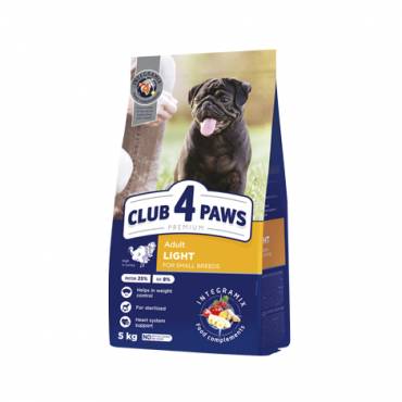 CLUB 4 PAWS PREMIUM LIGHT. HRANĂ COMPLETĂ USCATĂ  "CONTROLUL GREUTĂȚII"  PENTRU C INII ADUL 4 PAWS ПРЕМІУМ «КОНТРОЛЬ ВАГИ». ПОВНОРАЦІОННИЙ СУХИЙ КОРМ ДЛЯ ДОРОСЛИХ СОБАК МАЛИХ ПОРІД СТЕРИЛІЗОВАНИХ АБО СХИЛЬНИХ ДО НАДЛИШКОВОЇ ВАГИ. З ВИСОКИМ ВМІСТОМ ІНДИЧКИ