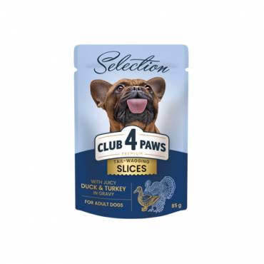 CLUB 4 PAWS PREMIUM PLUS " BUCĂȚI DE CARNE DE RAŢĂ ȘI CURCAN ÎN SOS". HRANĂ CONSERVATĂ COMPLETĂ PENTRU CAINI ADULȚI DE TALIE MICA