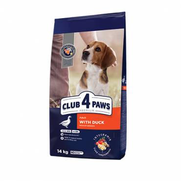 CLUB 4 PAWS PREMIUM PENTRU DE MĂRIME MIJLOCIE «CU CARNE DE RAŢĂ». HRANĂ USCATĂ COMPLET PENTRU C INI ADULȚI