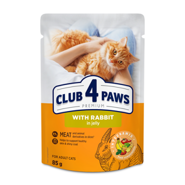 CLUB 4 PAWS PREMIUM "CU CARNE DE IEPURE ÎN JELEU". HRANĂ UMEDĂ COMPLETĂ PENTRU PISICI ADULTE