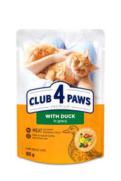 CLUB 4 PAWS PREMIUM "CU CARNE DE RAŢĂ ÎN SOS". HRANĂ CONSERVATĂ COMPLETĂ PENTRU PISICI ADULTE