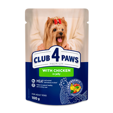CLUB 4 PAWS PREMIUM "CU PUI ÎN JELEU". HRANĂ UMEDĂ COMPLETĂ PENTRU CÂINI ADULȚI