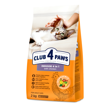 CLUB 4 PAWS PREMIUM. PENTRU PISICILE CARE LOCUIESC ÎN ÎNCĂPERE "4 ÎN 1". HRANĂ USCATĂ COMPLETĂ PENTRU PISICILE ADULTE