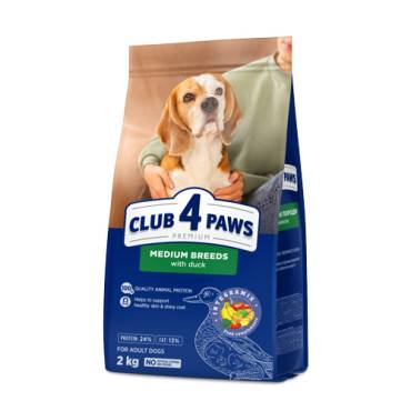 CLUB 4 PAWS PREMIUM PENTRU DE MĂRIME MIJLOCIE «CU CARNE DE RAŢĂ». HRANĂ USCATĂ COMPLET PENTRU C INI ADULȚI