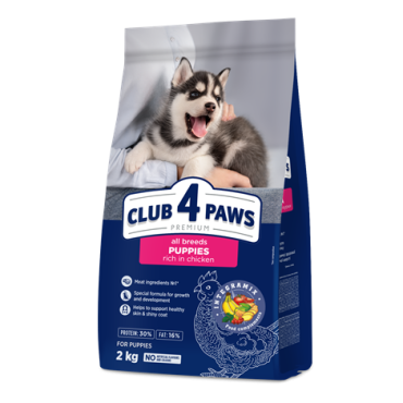CLUB 4 PAWS PREMIUM PENTRU CĂȚEI DE TOATE RASELE” CU CONȚINUT RIDICAT DE PUI”. HRANĂ USCATĂ COMPLETĂ