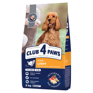 CLUB 4 PAWS PREMIUM LIGHT. HRANĂ COMPLETĂ USCATĂ "CONTROLUL GREUTĂȚII" PENTRU C INII ADULȚI DE RASE MEDII ȘI MARI STERILIZATE SAU PREDISPUSE LA SUPRAPONDERABILITATE. CONȚINUT RIDICAT DE CURCAN