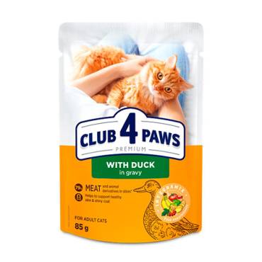 CLUB 4 PAWS PREMIUM "CU CARNE DE RAŢĂ ÎN SOS". HRANĂ CONSERVATĂ COMPLETĂ PENTRU PISICI ADULTE