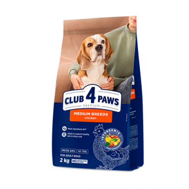 CLUB 4 PAWS PREMIUM PENTRU RASELE DE MĂRIME MIJLOCIE. HRANĂ USCATĂ COMPLETĂ PENTRU CÂINI ADULȚI.